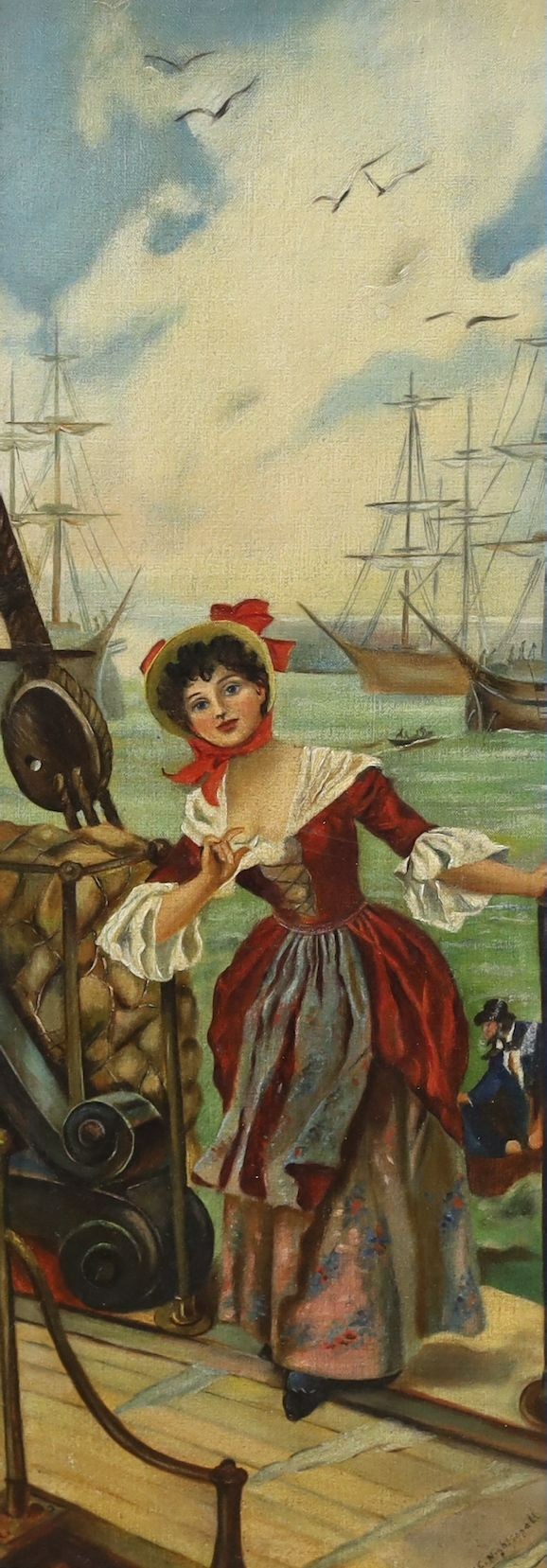 E.E. Nightingall circa 1930, oil on canvas, Woman boarding a sailing ship, signed, 61 x 22cm